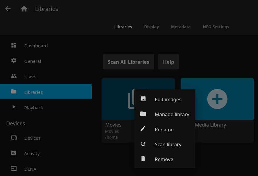 Меню с опциями Редактировать изображения, Управление библиотекой, Переименовать, Сканировать библиотеку и Удалить