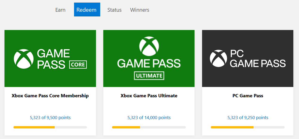 Раздел вознаграждений Microsoft Rewards с вариантами Game Pass