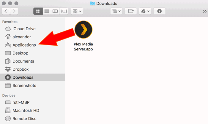 Переход приложения Plex Media Server в папку Applications на macOS