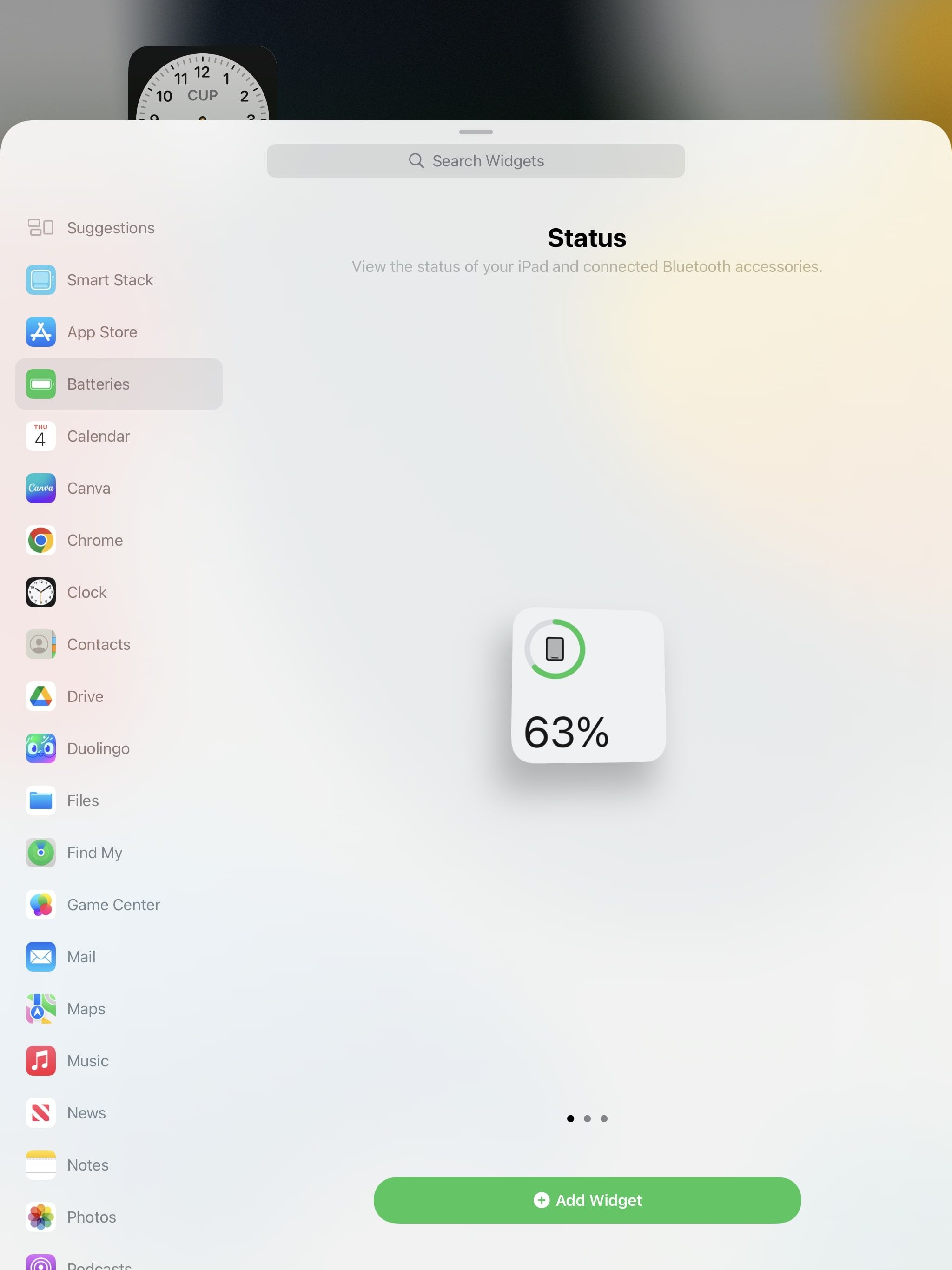 Меню виджетов iPad