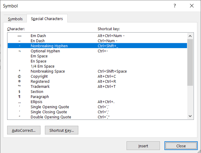 Выбор неразрывного дефиса