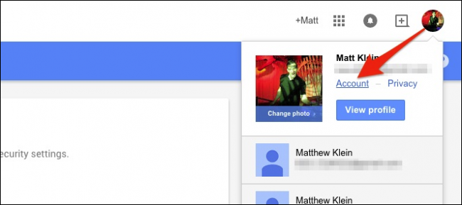 Страница настроек аккаунта Google — верхний правый аватар и меню 'Аккаунт'
