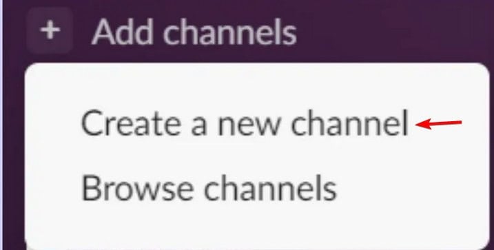 Выбор «Создать новый канал» в интерфейсе Slack