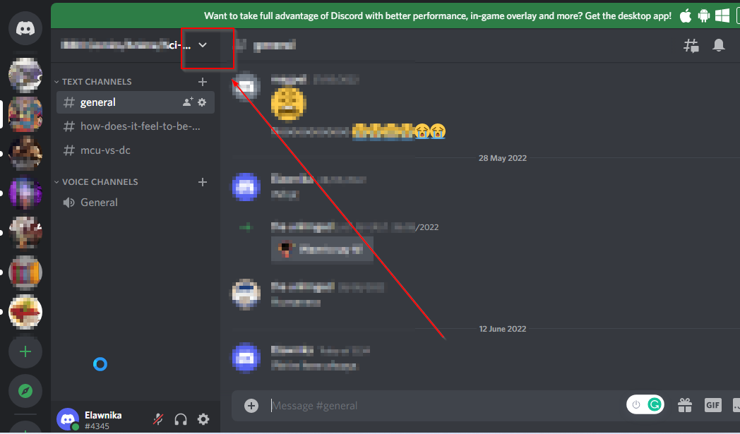 Меню сервера в Discord с выпадающим списком