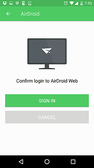 Экран входа AirDroid: запрос на вход и локальный режим подключения