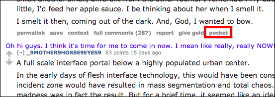 Пример кнопки Pocket в интерфейсе Reddit для сохранения постов и комментариев