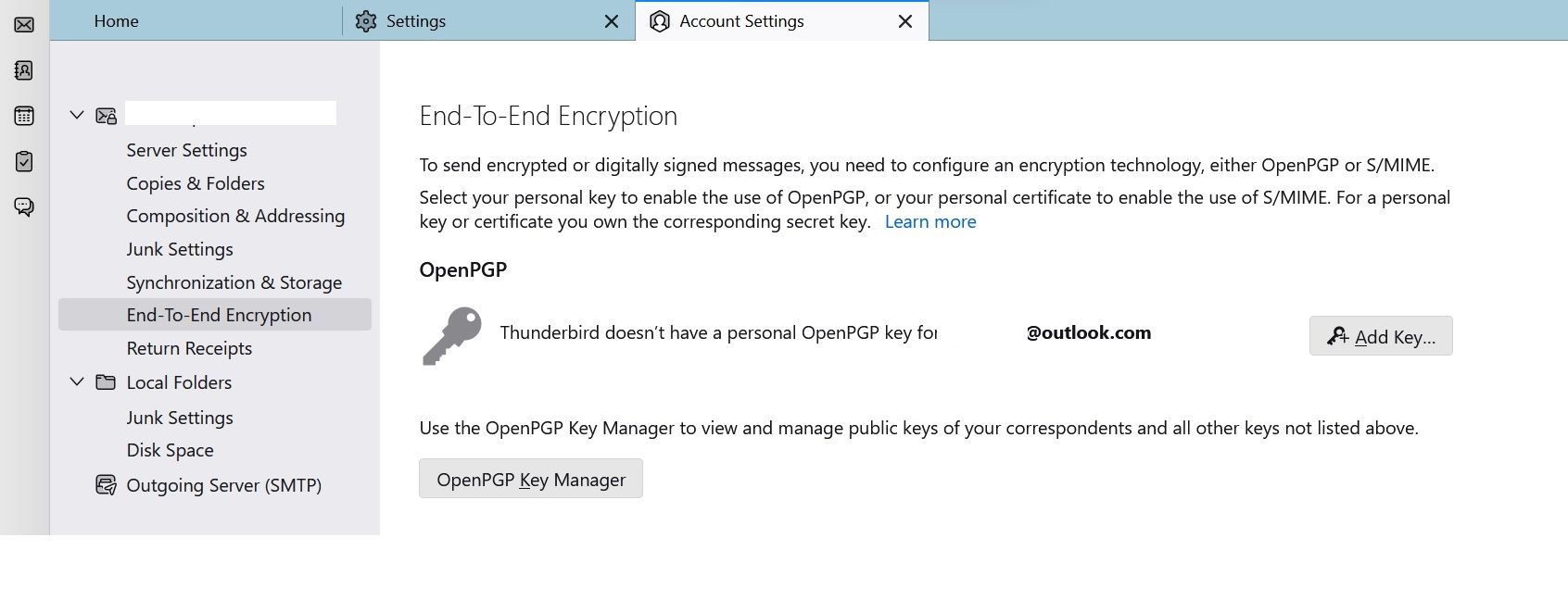 Скриншот добавления ключа шифрования в Thunderbird