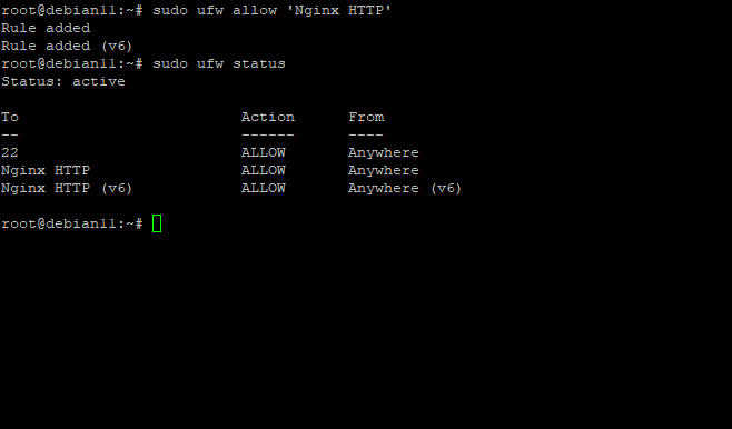 Состояние ufw с разрешением Nginx HTTP