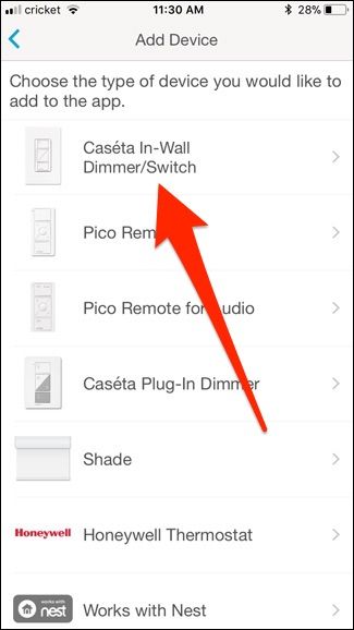 Выбор устройства Caseta In-Wall Dimmer в приложении