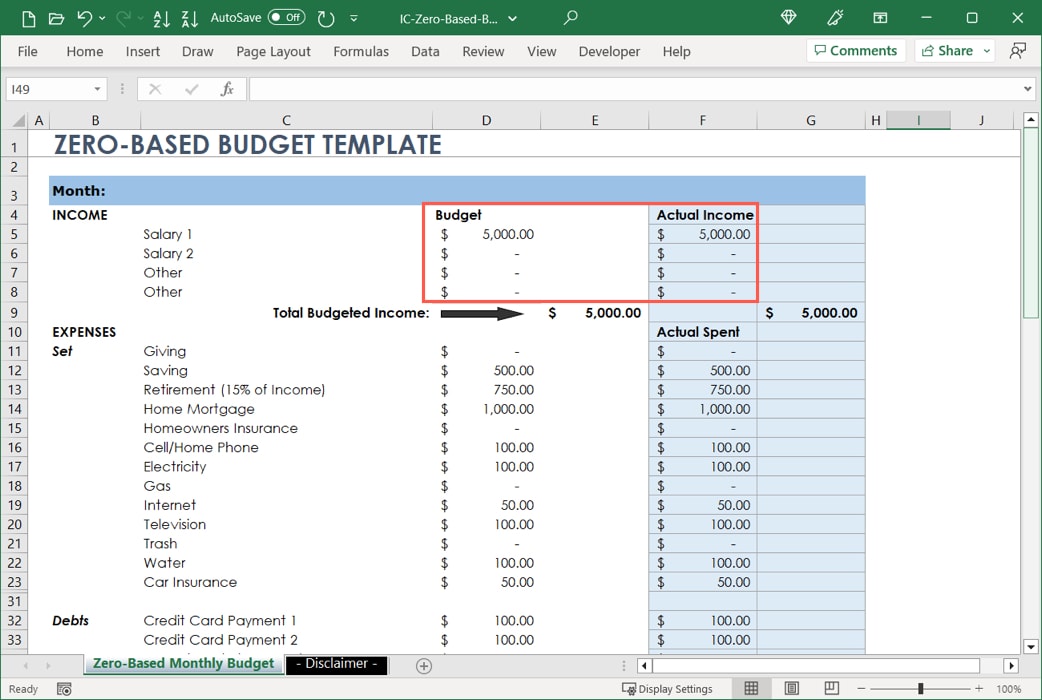 Колонки Budget и Actual в шаблоне Smartsheet