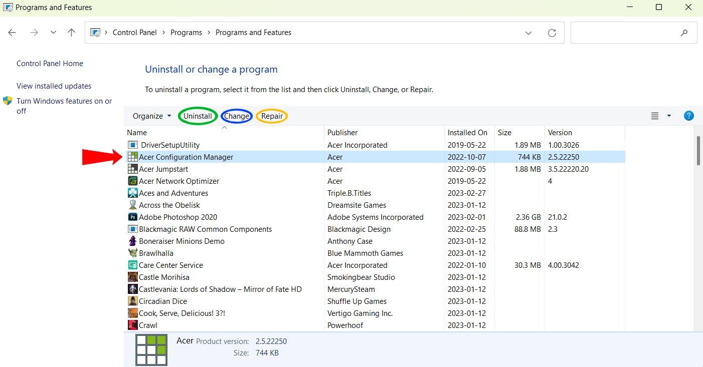 Выделение функции в Панели управления и появление возможных опций.