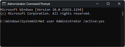Команда активации встроенного администратора