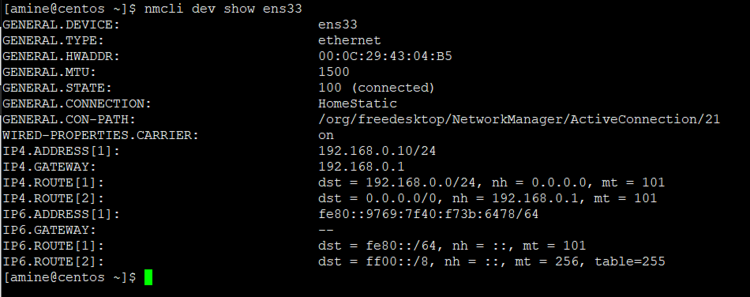Вывод nmcli dev show ens33