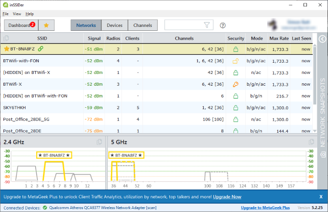 Приложение inSSIDer показывает уровни сигнала Wi‑Fi на экране ноутбука
