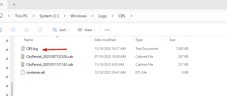 Папка с журналами Windows и файлом CBS.log