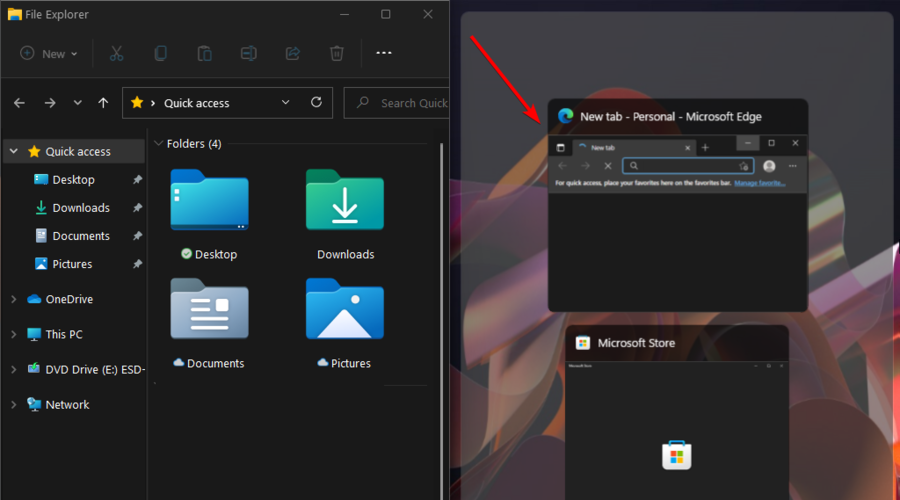Выбор второго окна для фиксации в другой половине экрана