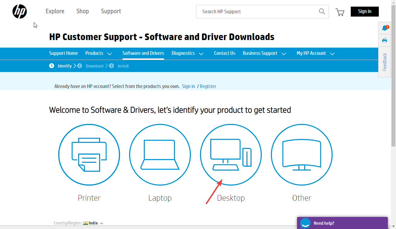 Выбор типа устройства на сайте поддержки