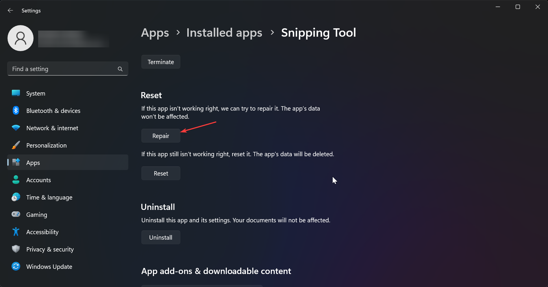 Кнопка Восстановить в параметрах приложения