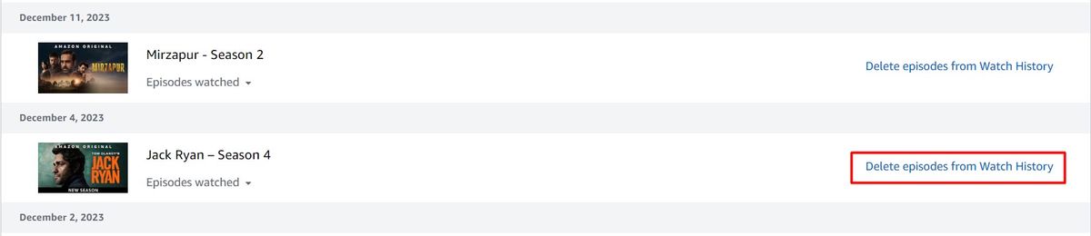 Опция Удалить эпизоды из истории просмотров в Amazon Prime Video.