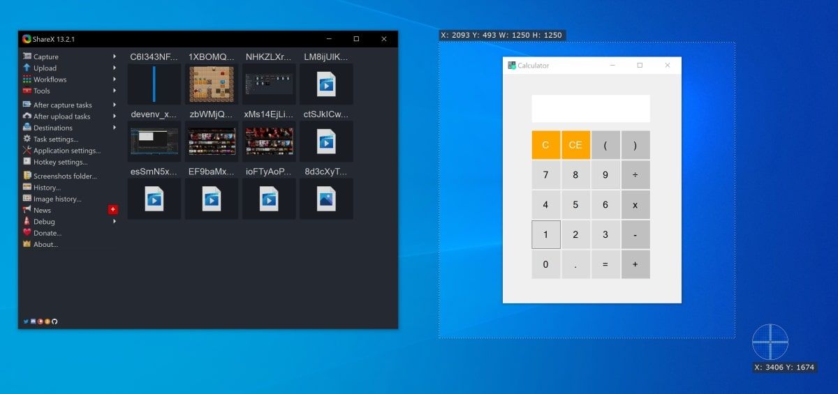ShareX: указатель мыши выделяет область записи