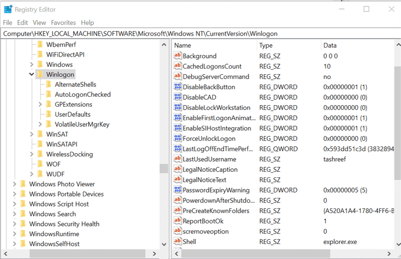 Редактор реестра, ключ Winlogon