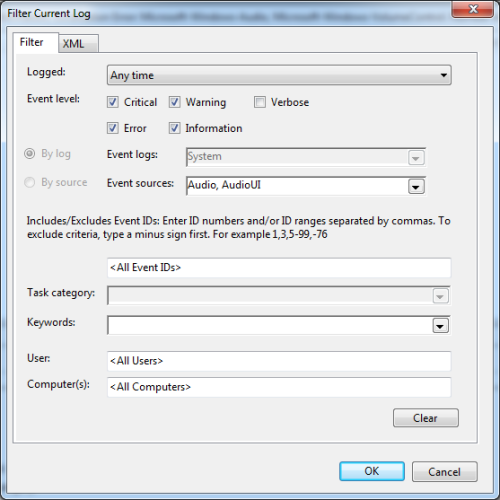 Просмотр событий: фильтр системного журнала по источникам Audio и AudioUI