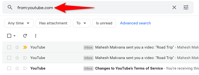 Пример простого поиска — письма от youtube.com