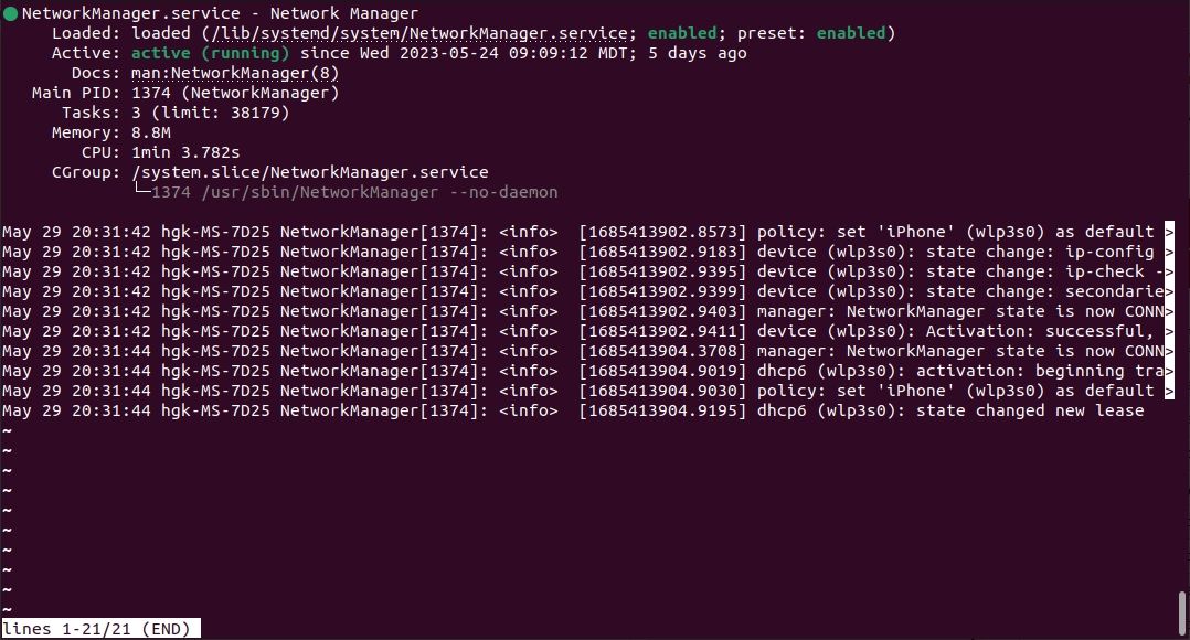 терминал показывает статус NetworkManager на Ubuntu