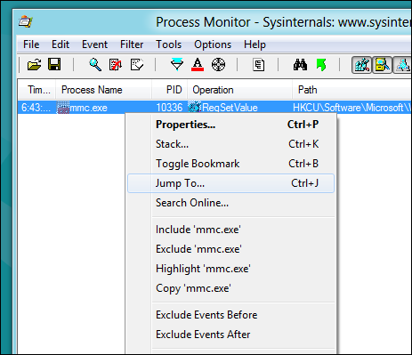 Выбор записи в ProcMon и контекстного пункта Jump To