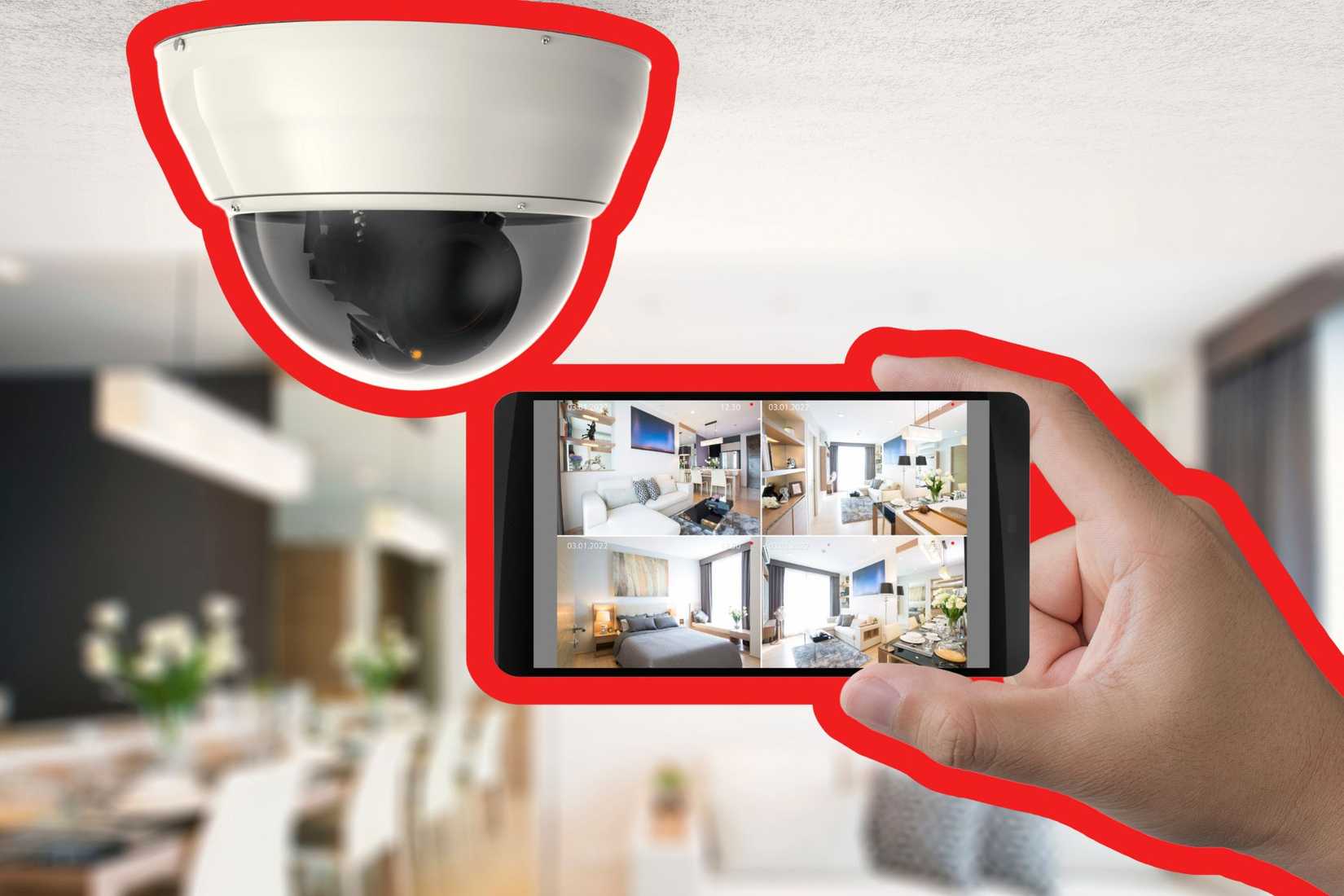 человек держит смартфон с видеопотоком рядом с умной камерой