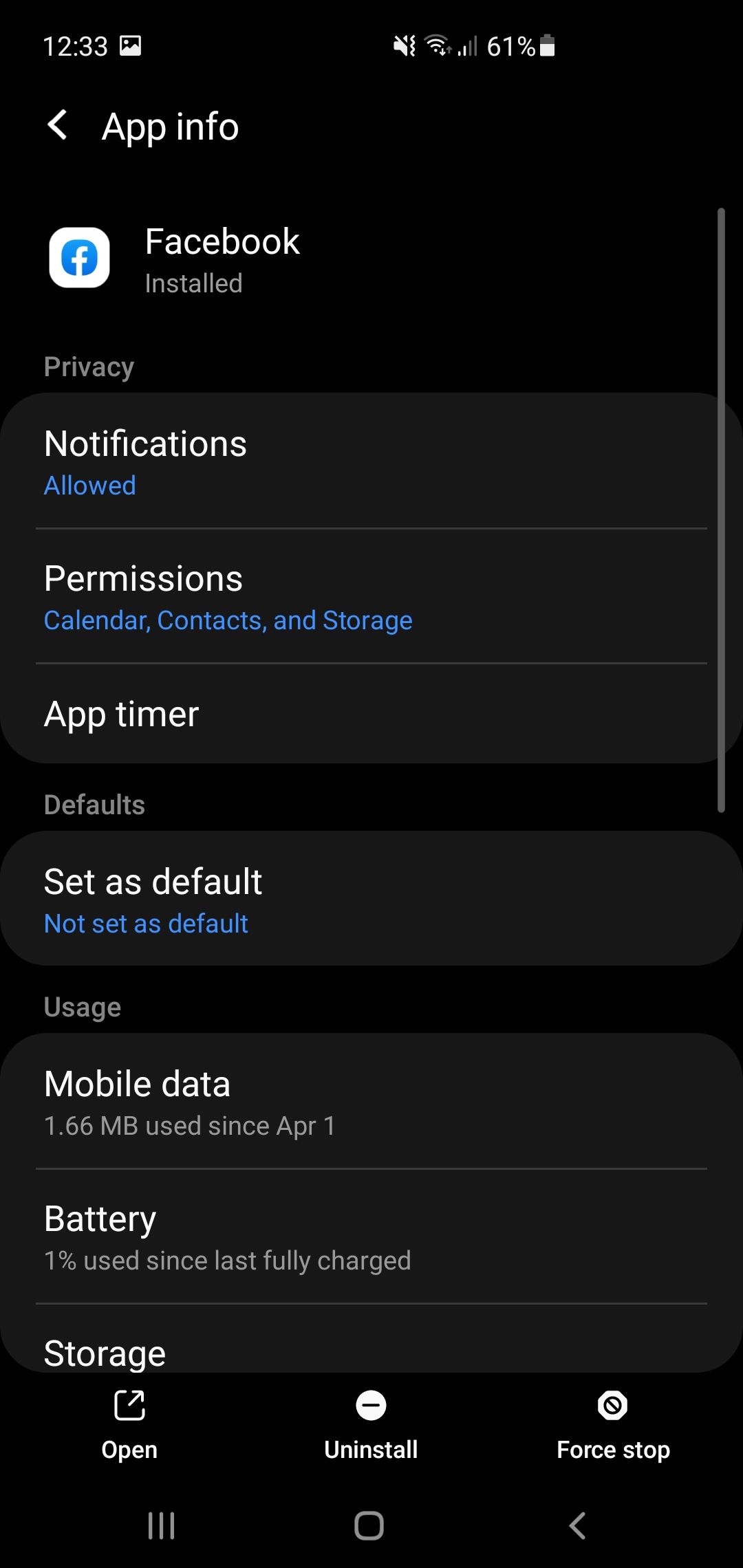Страница уведомлений приложения Facebook в системных настройках