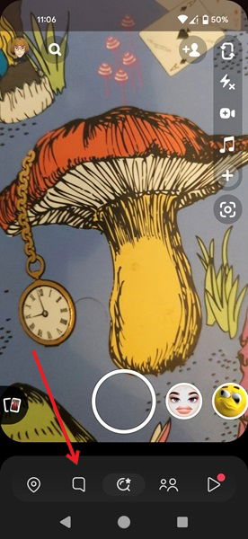 Нажатие значка сообщений в Snapchat для Android.