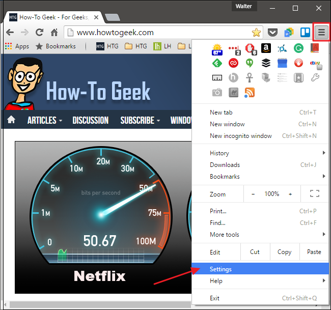 Кнопка и меню настроек Chrome