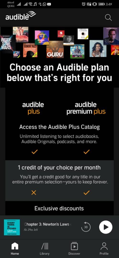 Скриншот приложения Audible с обложкой аудиокниги