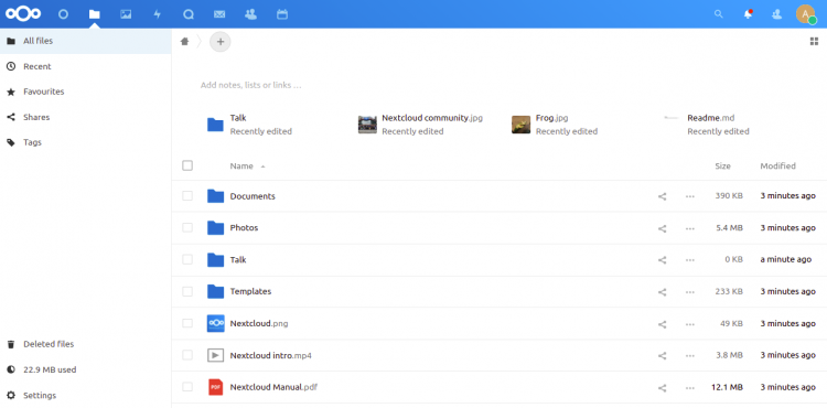 Интерфейс управления файлами Nextcloud