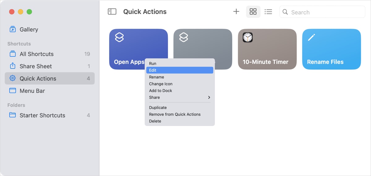 Edit в меню Shortcuts