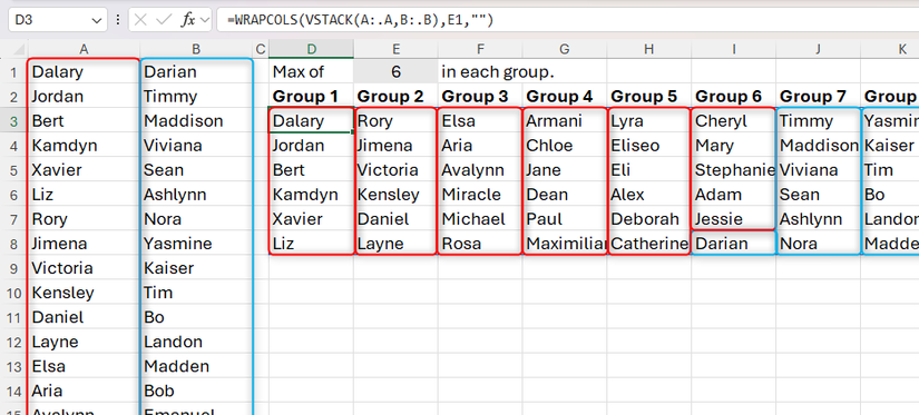 VSTACK を WRAPCOLS の中に入れて複数リストを結合しているスクリーンショット