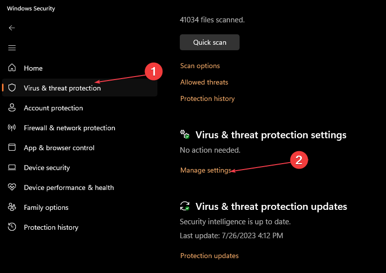 Скриншот раздела Защита от вирусов и угроз в Безопасности Windows