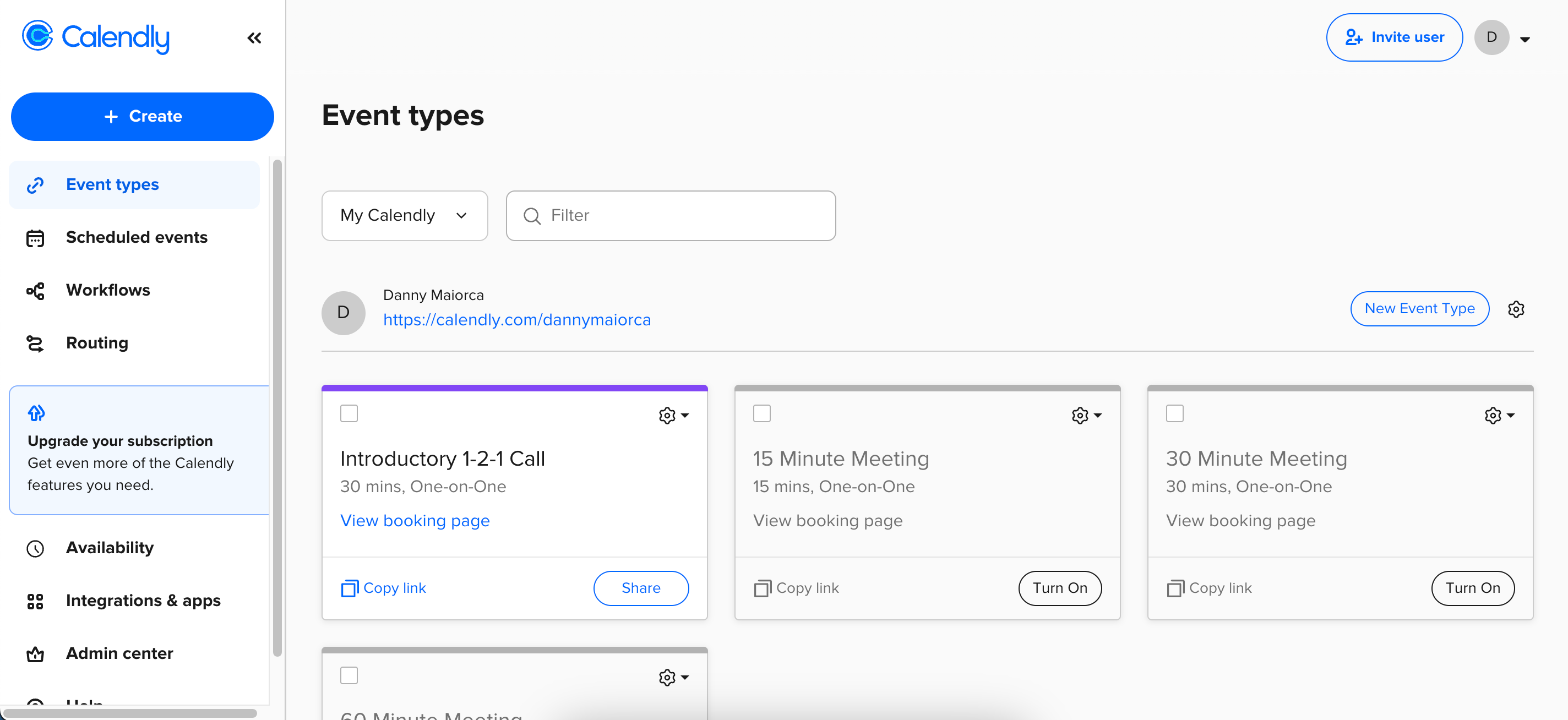 Список сохранённых событий в Calendly с одним активным событием