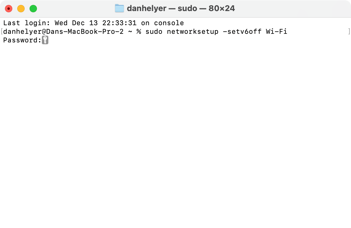 Отключение IPv6 на Mac через Терминал.