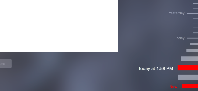 Интерфейс Time Machine с локальным снимком, сохранённым в 13:58 без внешнего диска