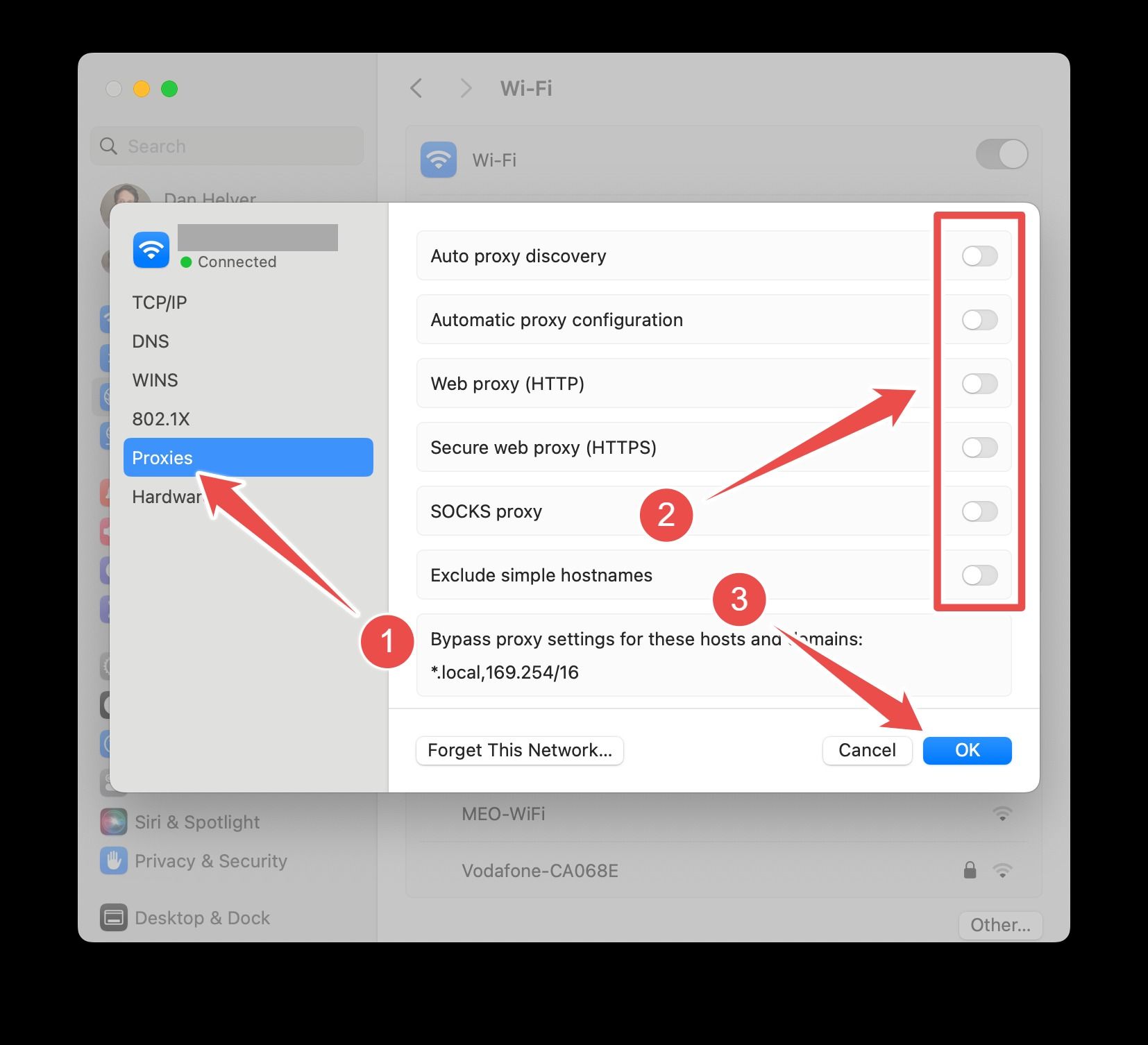 Отключение опций прокси в macOS.