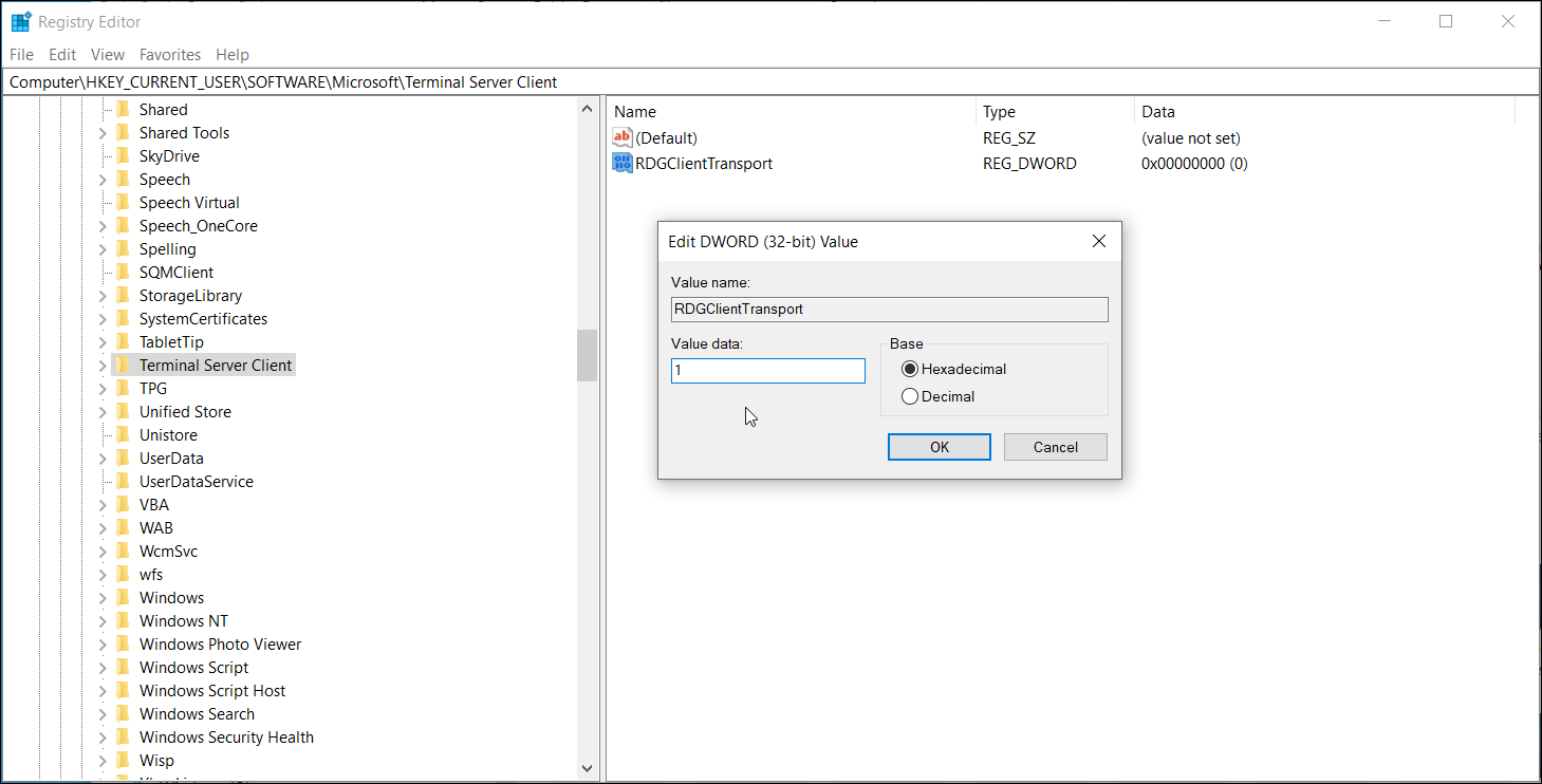 Создание ключа RDGClientTransport в реестре клиента