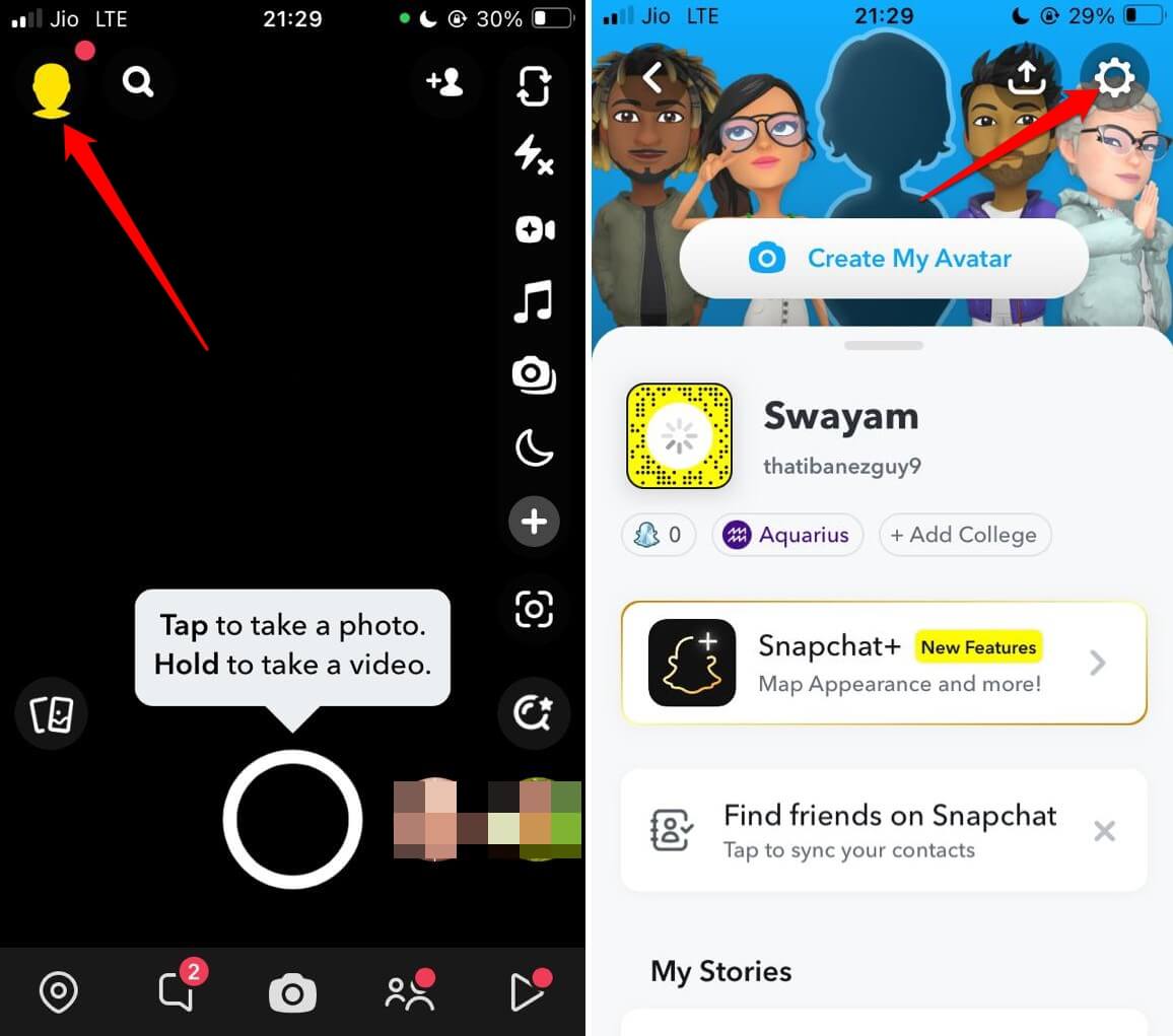 Настройки Snapchat — профиль и шестерёнка
