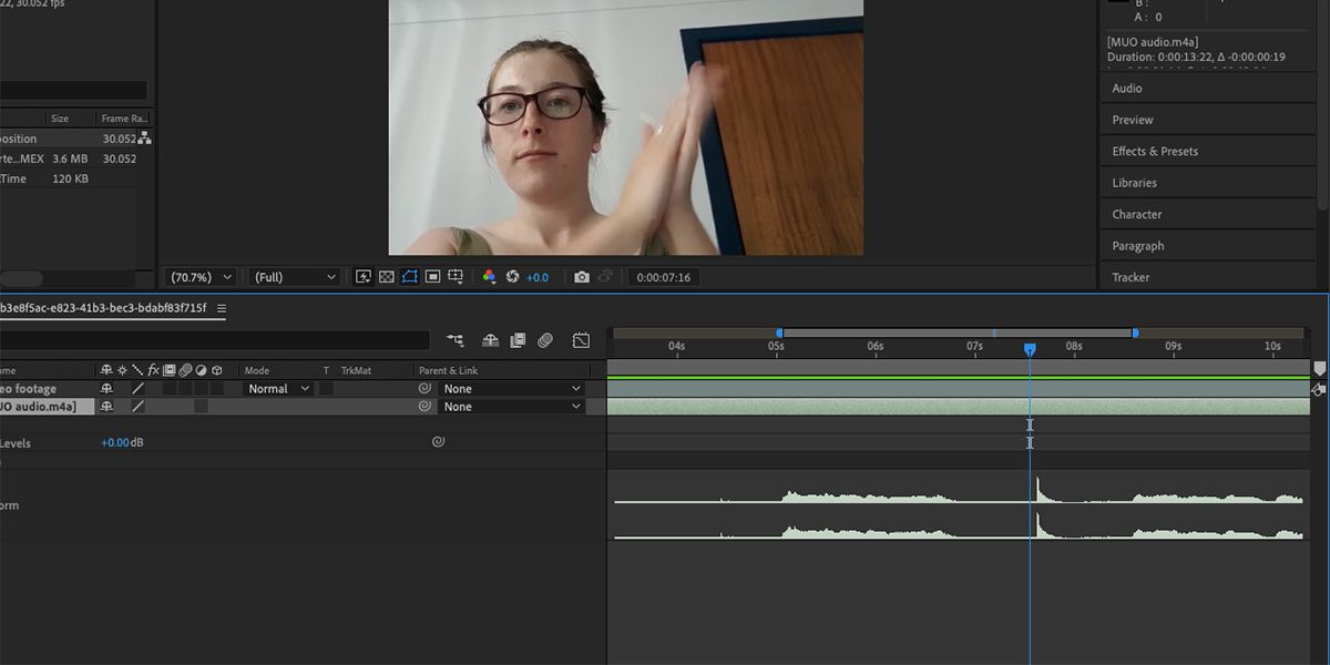 After Effects with synced audio to video footage of girl clapping hands.