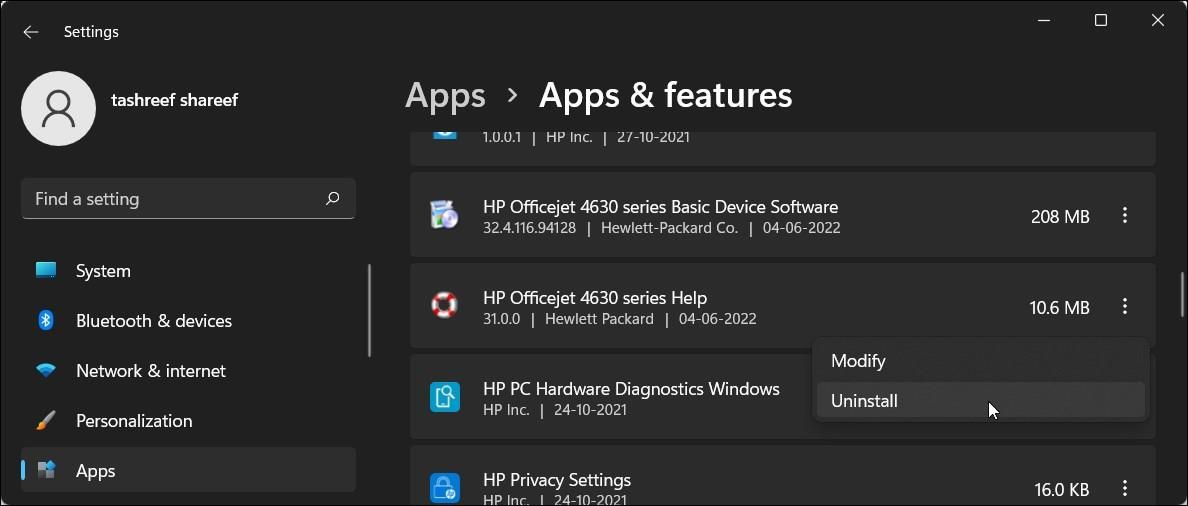 Remove HP Printer Software in Windows 11 Settings App