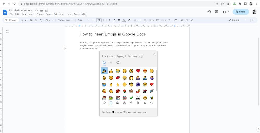 Панель эмодзи и символов в Google Docs через сочетание клавиш