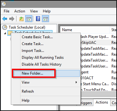 Создание новой папки в Планировщике