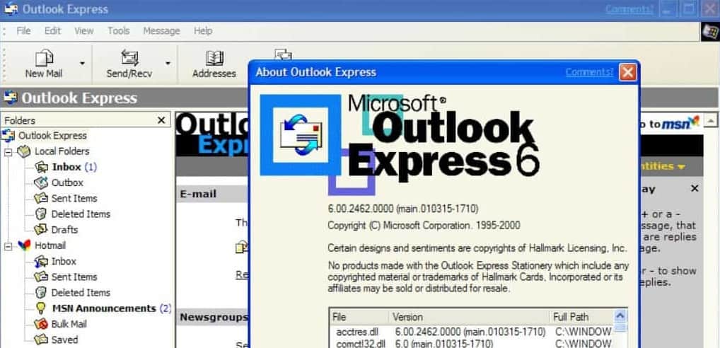 Старая панель Outlook Express с папками и списком писем