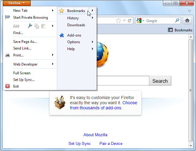 Окно Библиотеки Firefox с полем поиска закладок и истории